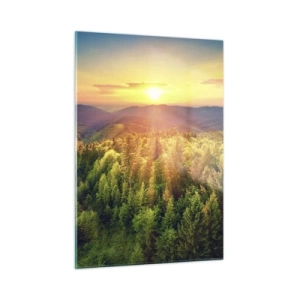 Glasbild - Bild auf glas - Sonnenuntergang über einem Bergwald mit Blick auf die Täler - 50x70cm - Scheitelpunkte und Spitzen - Moderne Wanddekoration für Wohnzimmer und Schlafzimmer ARTTOR