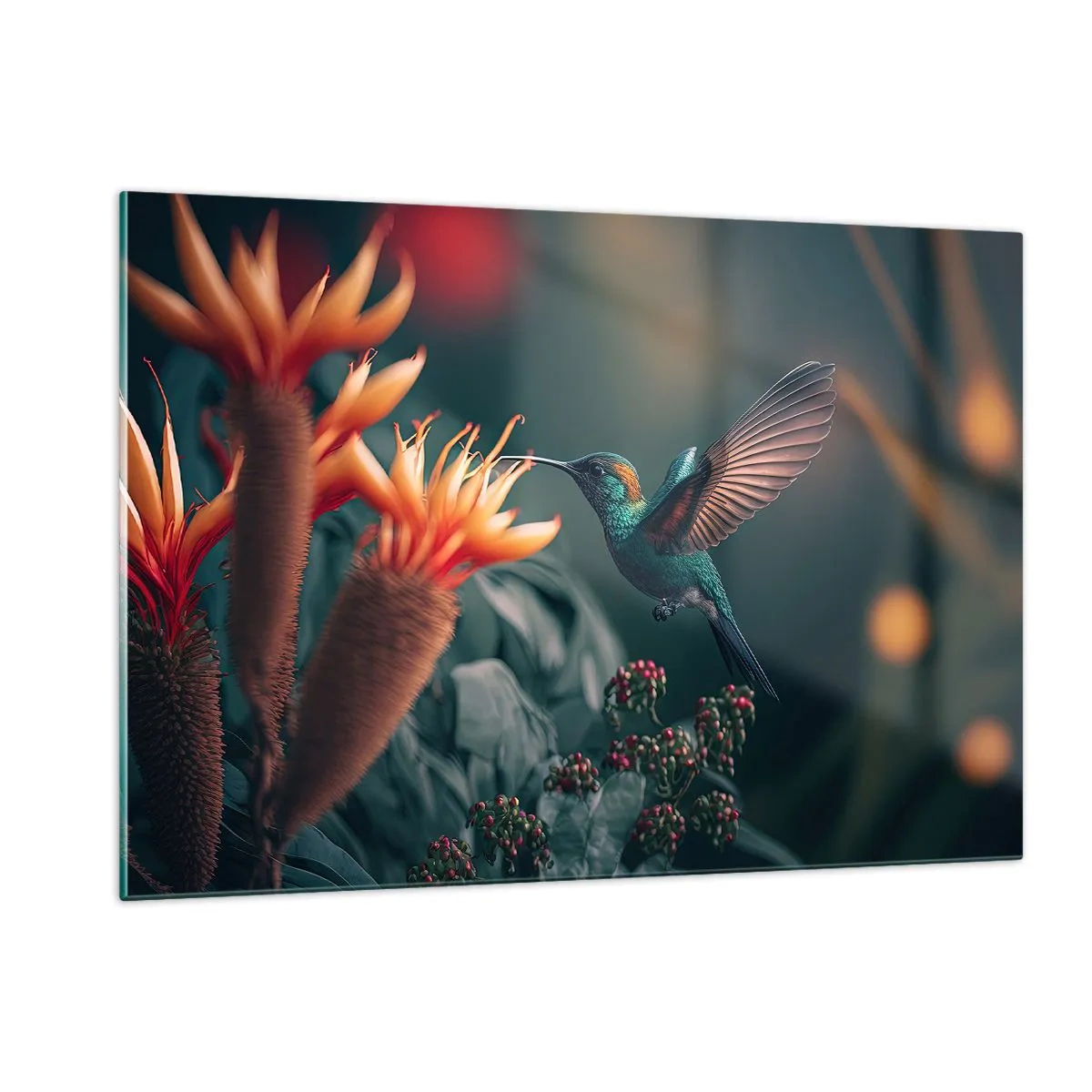 Glasbild - Bild auf glas - Ein Kolibri schwebt über exotischen Blumen zwischen den Blättern. - 120x80cm - Wirklich buntes Leben - Moderne Wanddekoration für Wohnzimmer und Schlafzimmer ARTTOR