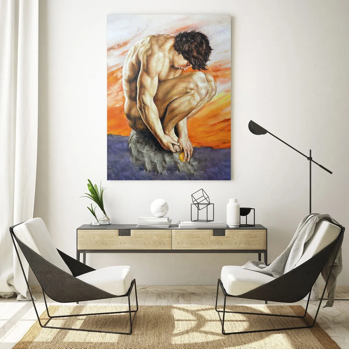 Glasbild - Bild auf glas - Ein Mann in Gedanken versunken vor dem Hintergrund eines Sonnenuntergangs - 70x100cm - In sich versunken - Moderne Wanddekoration für Wohnzimmer und Schlafzimmer ARTTOR