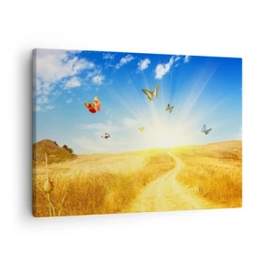 Bild auf Leinwand - Leinwandbild - Ein goldenes Feld, ein Pfad und Schmetterlinge vor einem blauen Himmel - 70x50cm - Und wie kann man den Sommer nicht lieben? - Moderne Wanddekoration für Wohnzimmer und Schlafzimmer ARTTOR