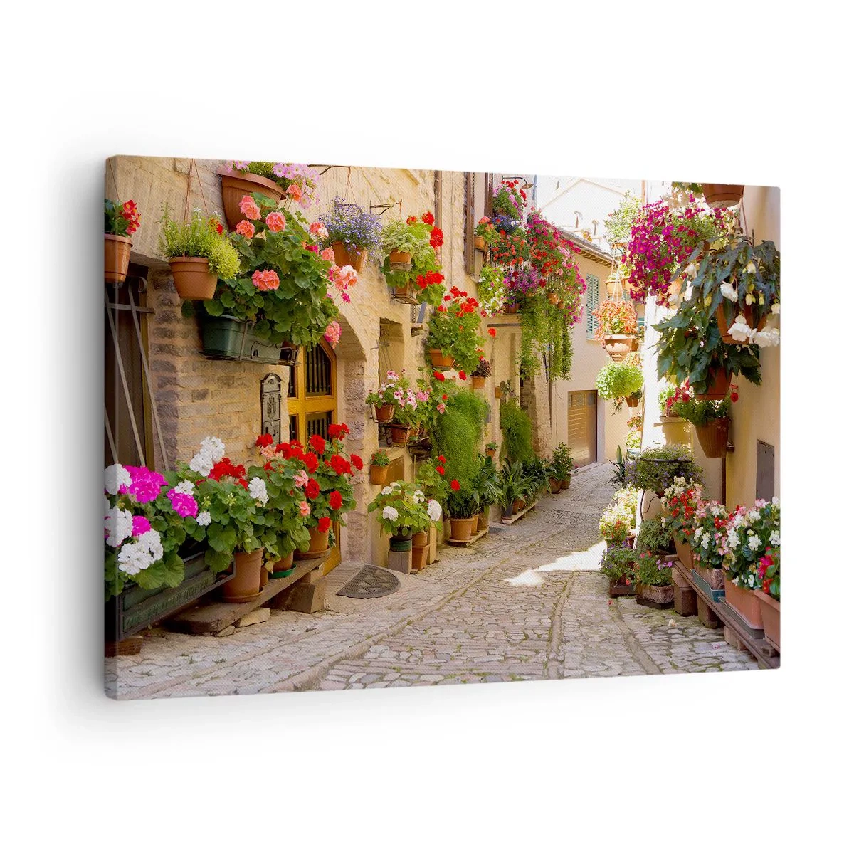 Bild auf Leinwand - Leinwandbild - Eine Straße mit Topfblumen und Steinmauern - 70x50cm - In der Flut Blumen - Moderne Wanddekoration für Wohnzimmer und Schlafzimmer ARTTOR