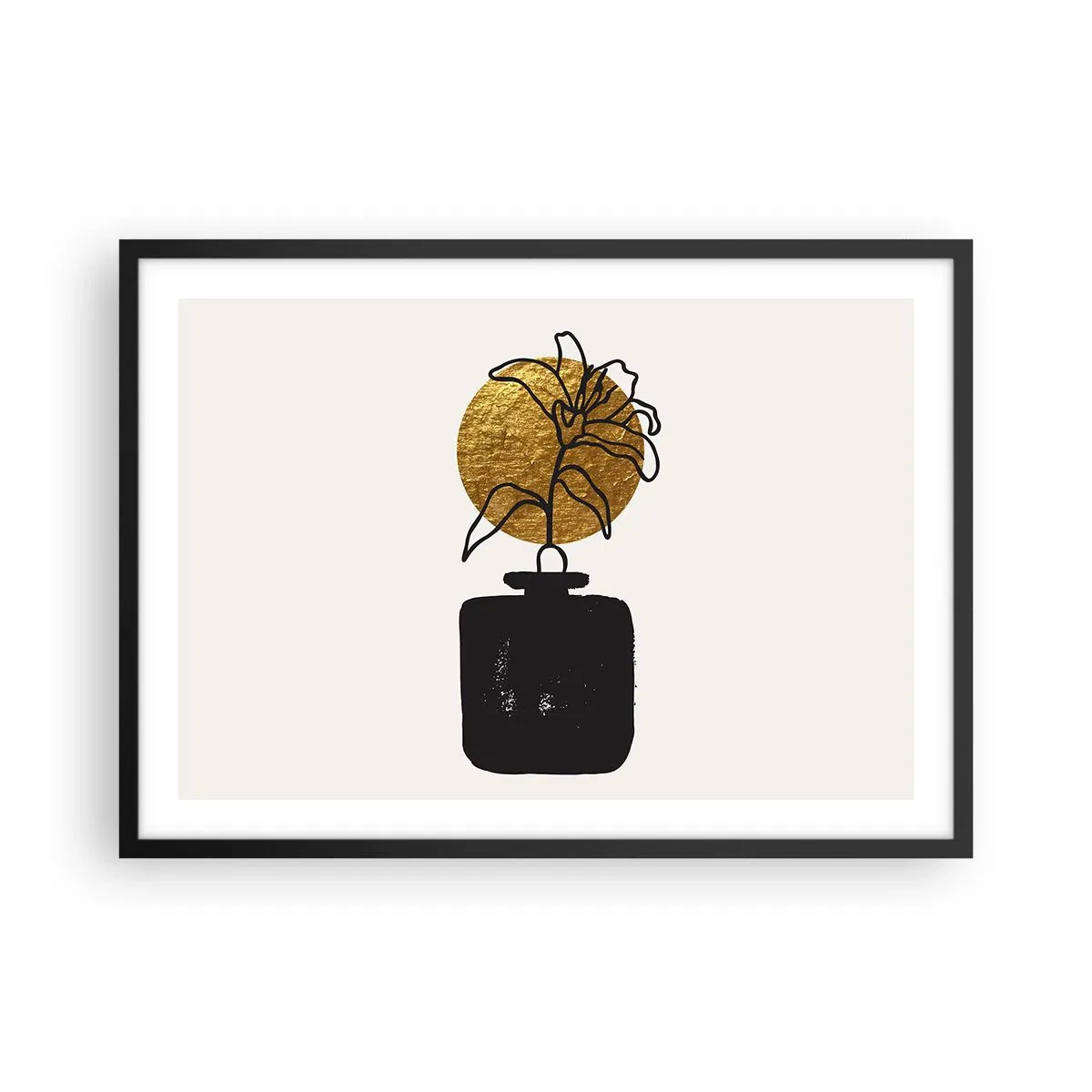 Poster in einem schwarzem Rahmen - Eine Zeichnung einer Blume in einer Vase vor einem goldenen Kreishintergrund - 70x50cm - Schönheit ist Gold wert - Moderne Wanddekoration für Wohnzimmer und Schlafzimmer ARTTOR