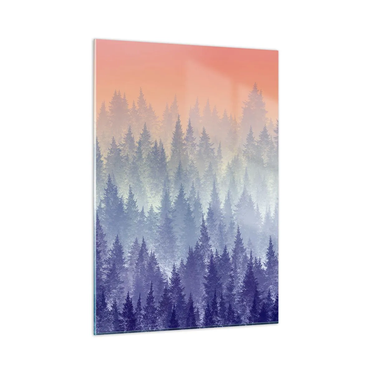 Glasbild - Bild auf glas - Geheimnisvoller Nadelwald in Pastelltönen des Morgens - 50x70cm - Hoch, höher, zum Himmel - Moderne Wanddekoration für Wohnzimmer und Schlafzimmer ARTTOR