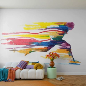 Fototapete Premium Sand - Laufende Silhouette im farbenfrohen Aquarellstil - 100x70cm - Über den Regenbogen laufen - Moderne Wanddekoration für Wohnzimmer und Schlafzimmer ARTTOR