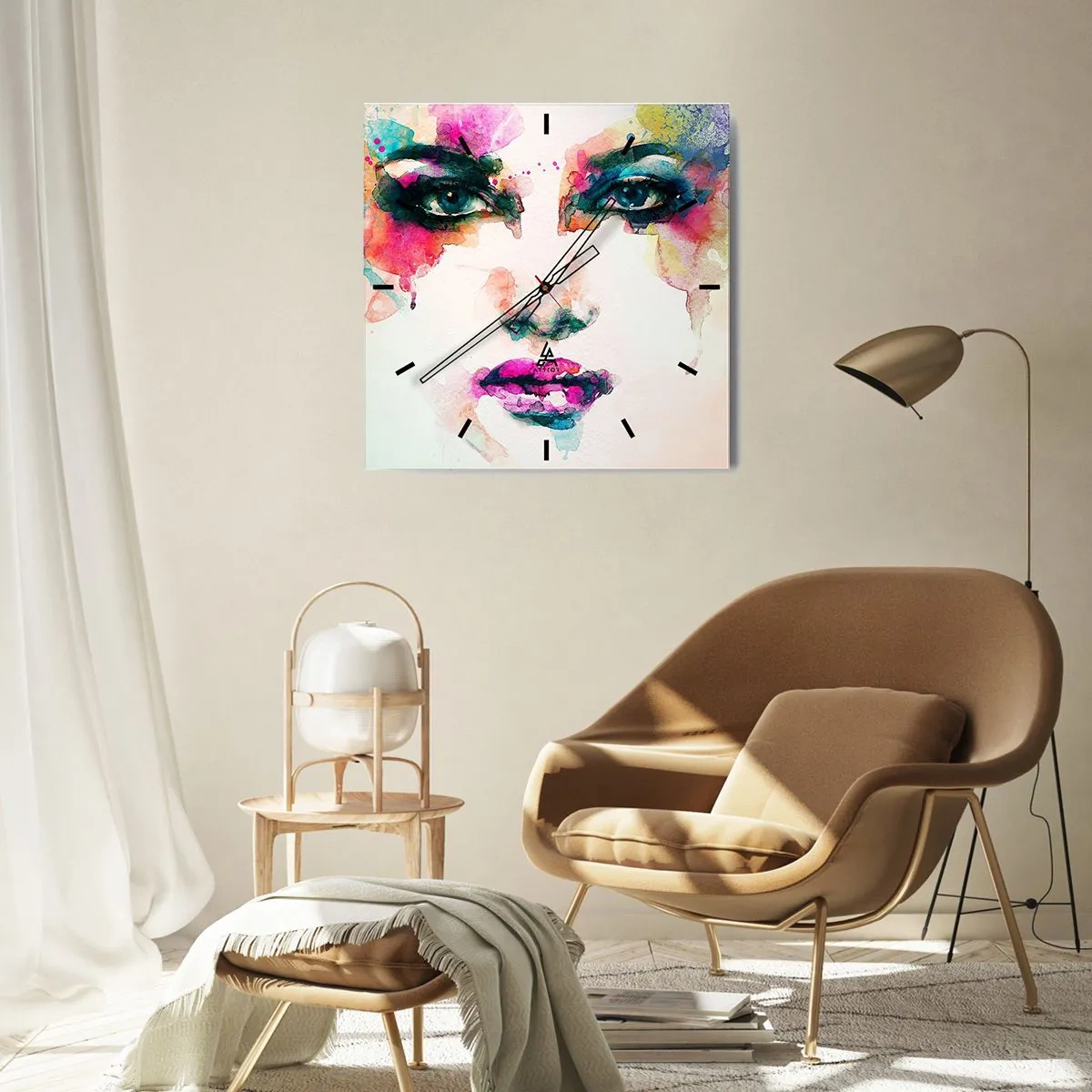 Wanduhr - Glasuhr - Abstraktes Frauenporträt in intensiven Farben - 30x30cm - Ein mit einem Regenbogen gemaltes Porträt - Moderne Wanddekoration für Wohnzimmer und Schlafzimmer ARTTOR