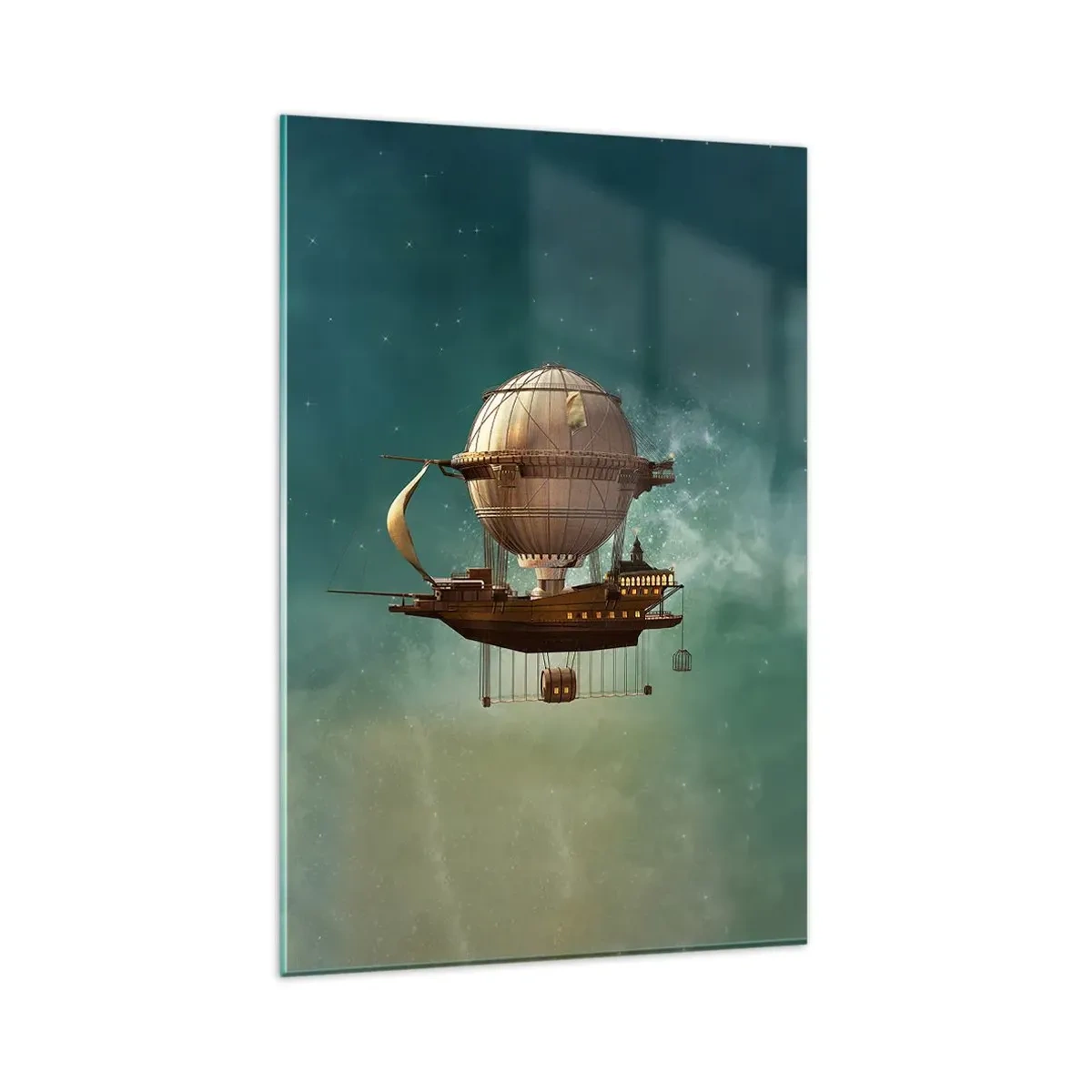 Glasbild - Bild auf glas - Ein fantastisches Luftschiff vor dem grünlichen Himmel - 80x120cm - Jules Verne sagt Hallo - Moderne Wanddekoration für Wohnzimmer und Schlafzimmer ARTTOR