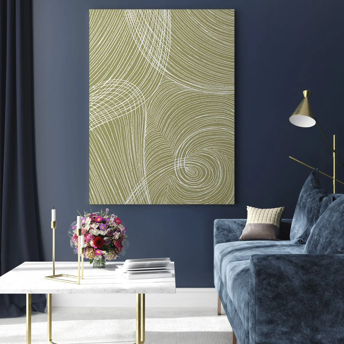 Glasbild - Bild auf glas - Weiße Linien bilden vor einem olivgrünen Hintergrund eine komplexe Struktur. - 50x70cm - Komplizierte Abstraktion in Weiß - Moderne Wanddekoration für Wohnzimmer und Schlafzimmer ARTTOR