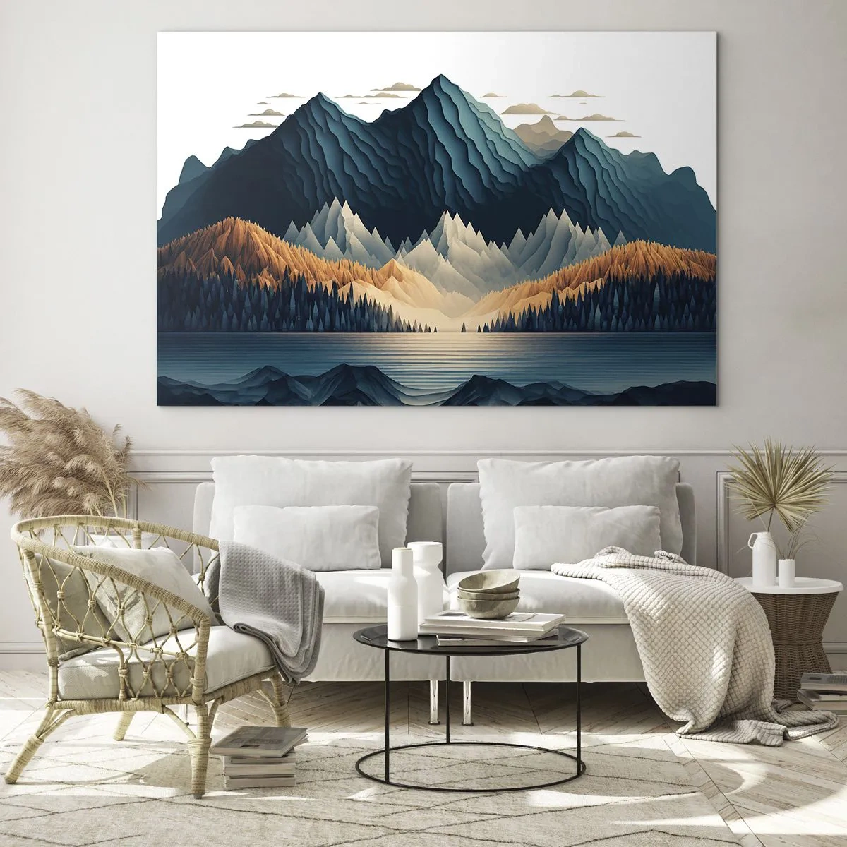 Glasbild - Bild auf glas - Stilisierte Berglandschaft mit Wald und See - 100x70cm - Perfekte Berglandschaft - Moderne Wanddekoration für Wohnzimmer und Schlafzimmer ARTTOR
