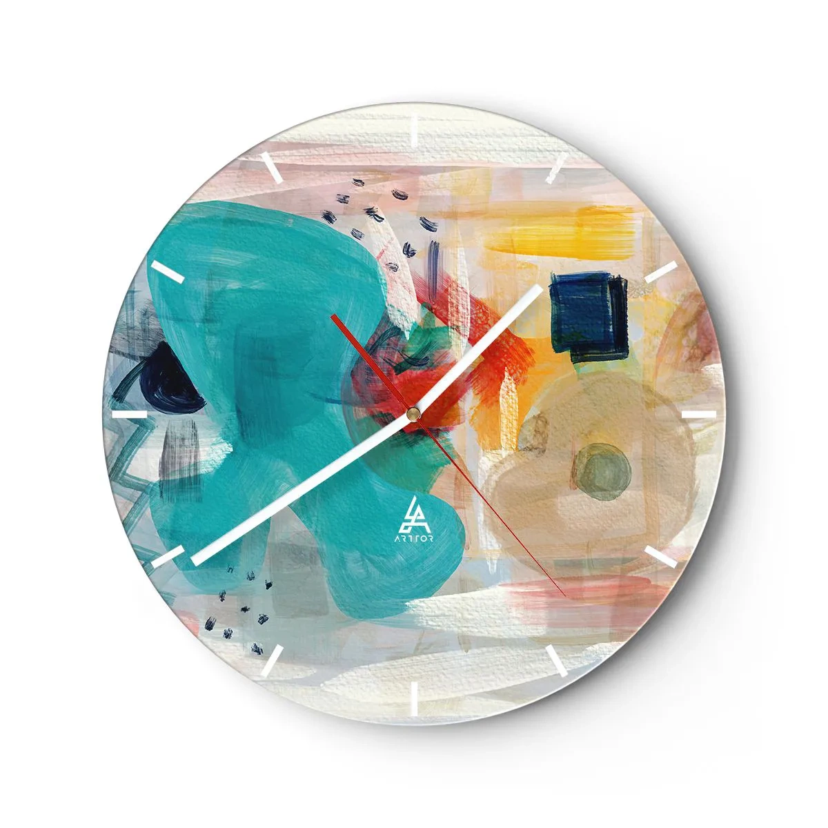 Wanduhr - Glasuhr - Abstrakte Farbflecken in Türkis-, Rot- und Gelbtönen - 30x30cm - Buntes Spiel - Moderne Wanddekoration für Wohnzimmer, Küche und Schlafzimmer ARTTOR