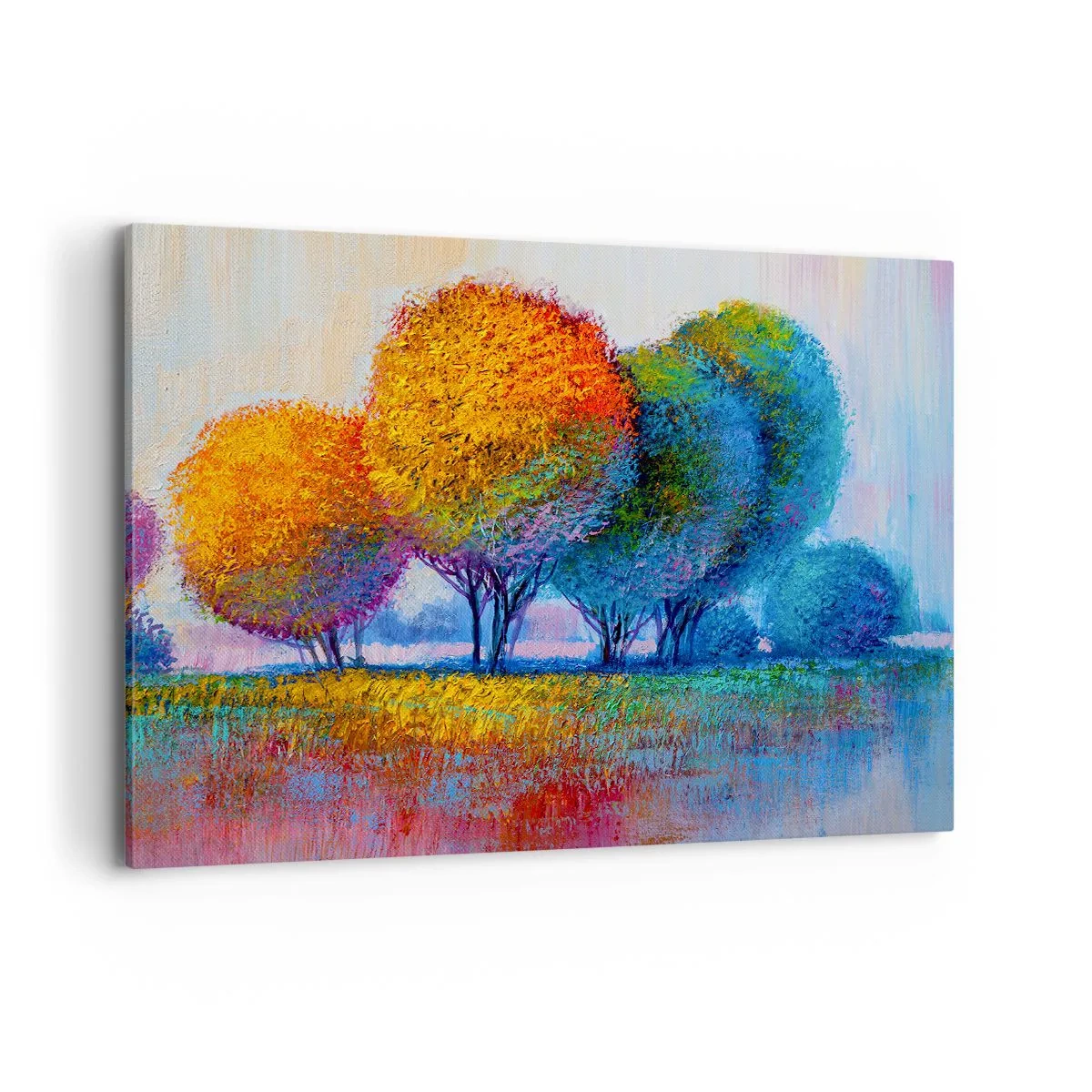 Bild auf Leinwand - Leinwandbild - Bunte Bäume in einer impressionistischen Landschaft - 120x80cm - Ein Haufen leuchtender Farben - Moderne Wanddekoration für Wohnzimmer und Schlafzimmer ARTTOR