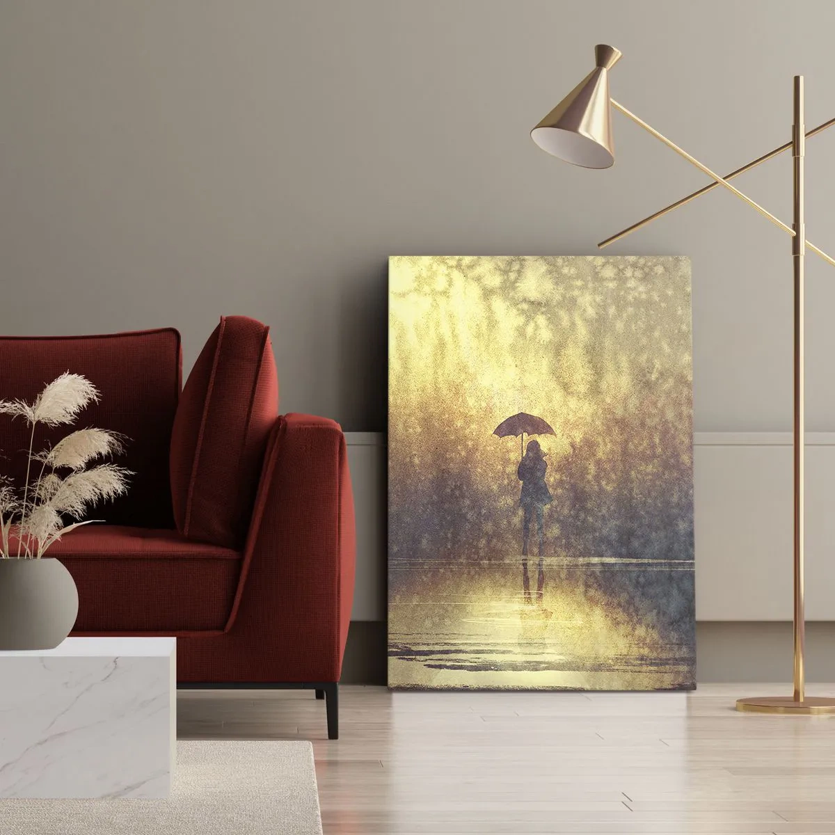 Bild auf Leinwand - Leinwandbild - Eine Figur mit einem Regenschirm in einer nebligen Landschaft voller Reflexionen - 50x70cm - Ich habe das Gefühl, dass mich jemand ansieht - Moderne Wanddekoration für Wohnzimmer und Schlafzimmer ARTTOR