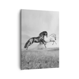 Bild auf Leinwand - Leinwandbild - Zwei galoppierende Pferde in einer dynamischen Schwarz-Weiß-Komposition - 50x70cm - Engel und Dämonen - Moderne Wanddekoration für Wohnzimmer und Schlafzimmer ARTTOR