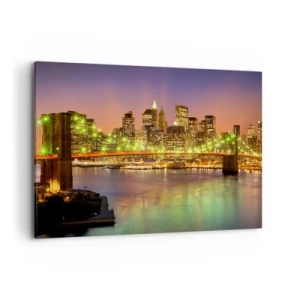 Bild auf Leinwand - Leinwandbild - Beleuchtete Brücke in einer modernen Stadt bei Nacht - 100x70cm - Hier geht das Licht nie aus - Moderne Wanddekoration für Wohnzimmer und Schlafzimmer ARTTOR