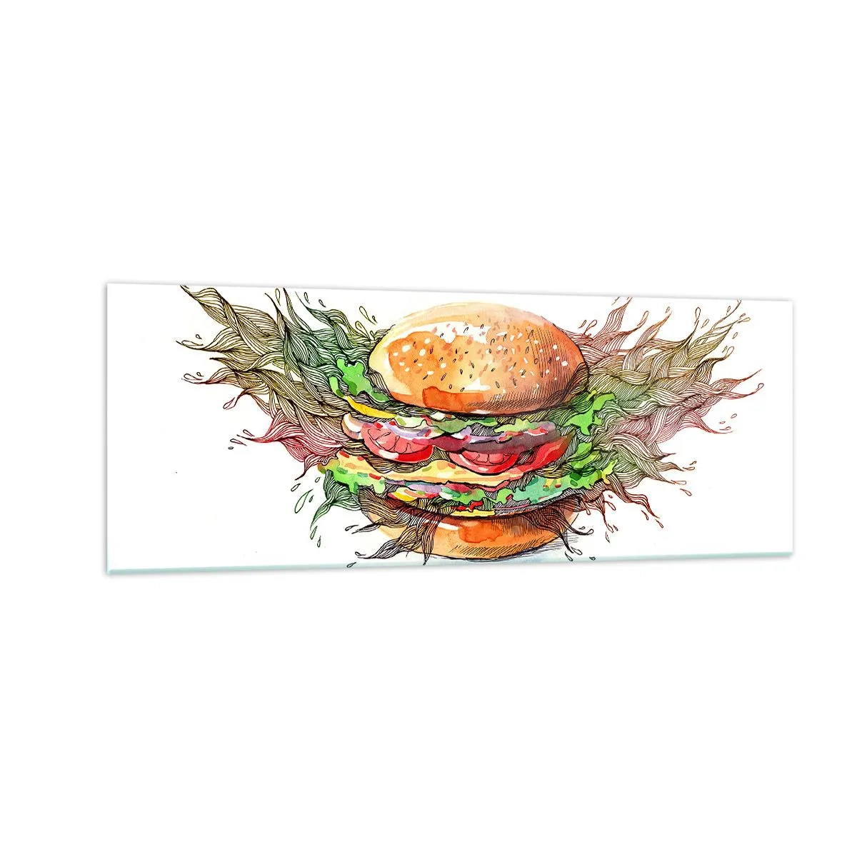 Glasbild - Bild auf glas - Künstlerische Darstellung eines Burgers mit dynamischen Elementen - 140x50cm - Heiße Versuchung - Moderne Wanddekoration für Wohnzimmer und Schlafzimmer ARTTOR