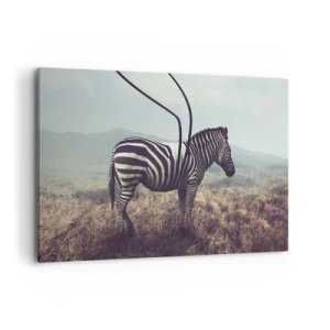 Bild auf Leinwand - Leinwandbild - Ein surreales Zebra vor einer grasbewachsenen Landschaft - 120x80cm - Achtung! Fehler - Moderne Wanddekoration für Wohnzimmer und Schlafzimmer ARTTOR