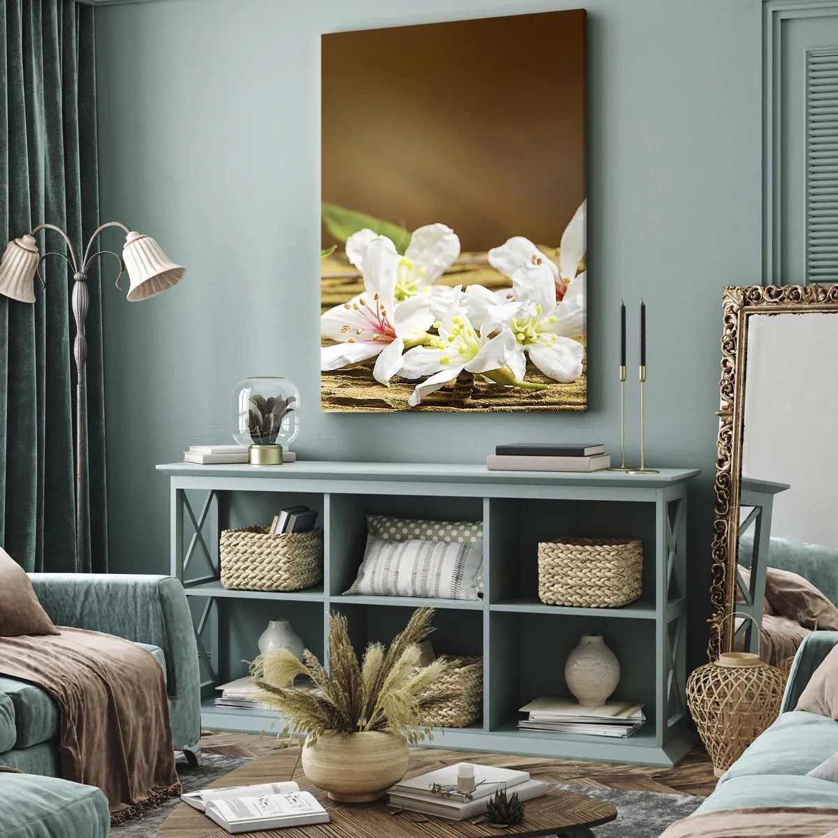 Bild auf Leinwand - Leinwandbild - Weiße Blumen auf einem hölzernen Hintergrund in natürlichem Licht - 50x70cm - Ein unschuldiges Versprechen - Moderne Wanddekoration für Wohnzimmer und Schlafzimmer ARTTOR