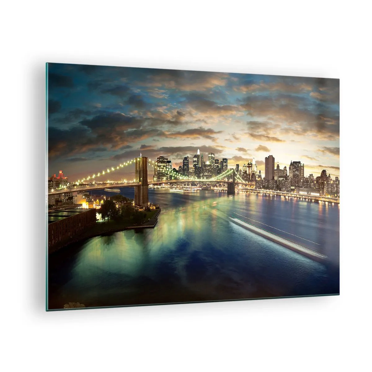 Glasbild - Bild auf glas - Blick auf die Brücke und die Stadt bei Sonnenuntergang - 70x50cm - Ein heller Abend über Manhattan - Moderne Wanddekoration für Wohnzimmer und Schlafzimmer ARTTOR