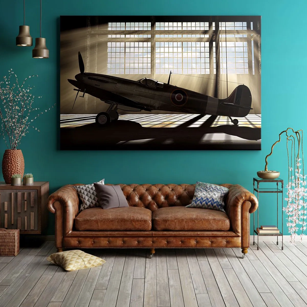 Bild auf Leinwand - Leinwandbild - Ein historisches Flugzeug in einem Hangar, beleuchtet vom Sonnenlicht - 100x70cm - Die Ruhe eines Kriegers - Moderne Wanddekoration für Wohnzimmer und Schlafzimmer ARTTOR