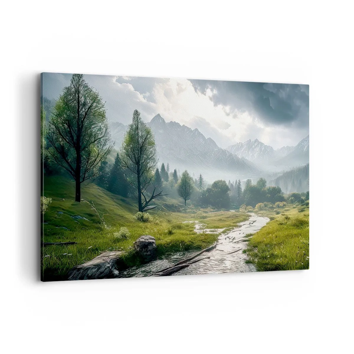 Bild auf Leinwand - Leinwandbild - Eine Berglandschaft mit einem Fluss und Bäumen, umgeben von nebligen Bergen - 120x80cm - Hin und zurück - Moderne Wanddekoration für Wohnzimmer und Schlafzimmer ARTTOR