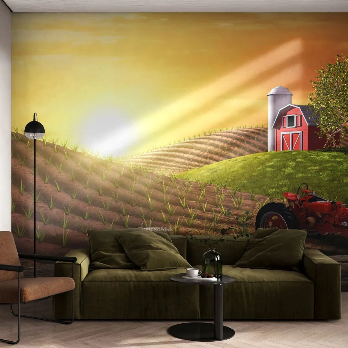 Fototapete Premium Sand - Sonnenuntergang über einem Bauernhof mit einem roten Traktor und einer Scheune - 100x70cm - Ein Bauernhof wie aus einem Märchen - Moderne Wanddekoration für Wohnzimmer und Schlafzimmer ARTTOR