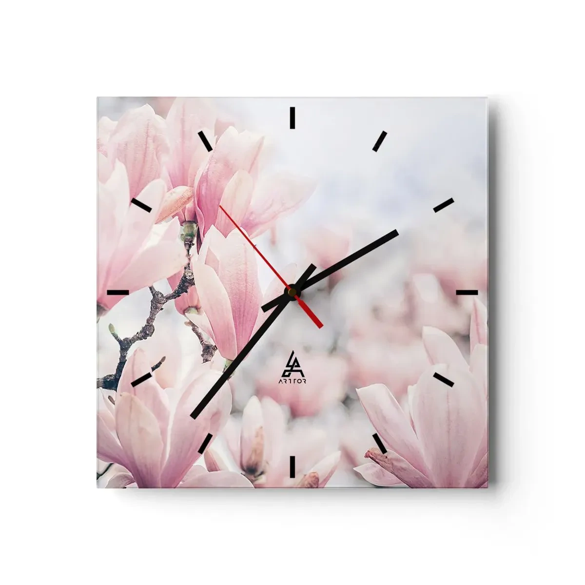 Wanduhr - Glasuhr - Dezente Magnolienblüten in zarten Rosatönen - 30x30cm - Das Ideal der Subtilität - Moderne Wanddekoration für Wohnzimmer und Schlafzimmer ARTTOR
