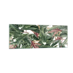 Glasbild - Bild auf glas - Ein dekoratives Blattmotiv in Grün- und Burgundertönen auf hellem Hintergrund - 140x50cm - Smaragd-lila Dickicht - Moderne Wanddekoration für Wohnzimmer und Schlafzimmer ARTTOR