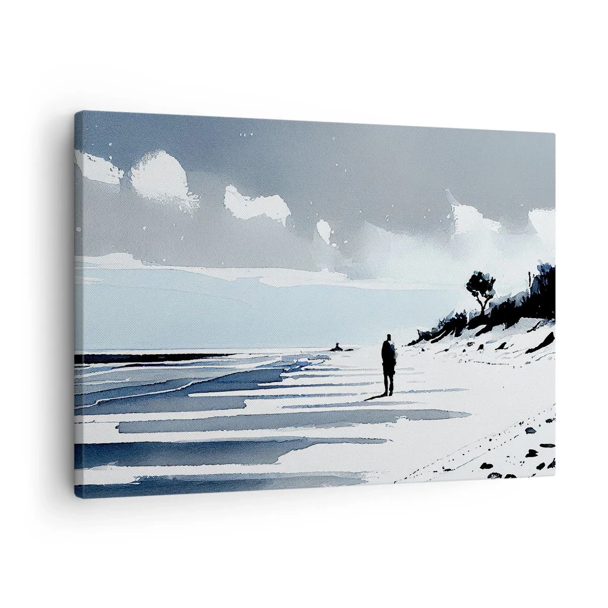 Bild auf Leinwand - Leinwandbild - Eine einsame Gestalt, die an einem leeren Strand entlanggeht - 70x50cm - Allein sein - Moderne Wanddekoration für Wohnzimmer und Schlafzimmer ARTTOR