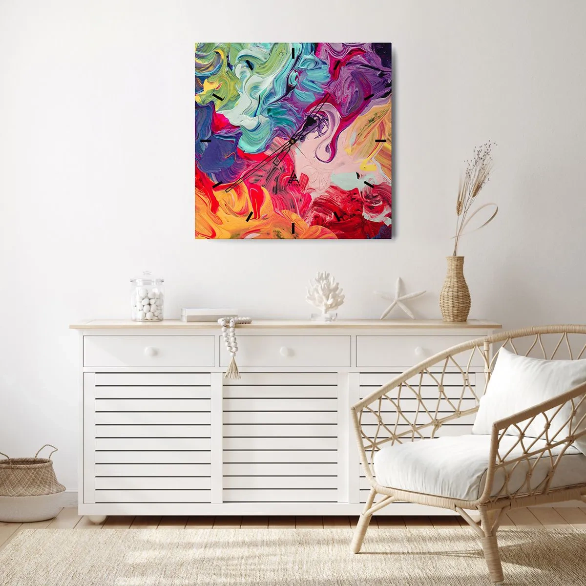 Wanduhr - Glasuhr - Eine abstrakte Komposition mit lebendigen, wirbelnden Farben und einer dynamischen Struktur. - 30x30cm - Die Geburt der Farben - Moderne Wanddekoration für Wohnzimmer und Schlafzimmer ARTTOR