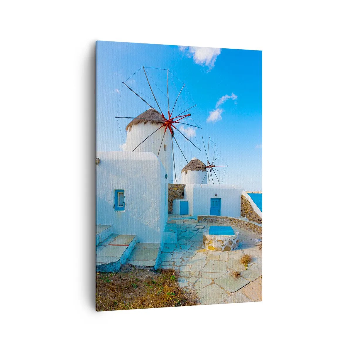 Bild auf Leinwand - Leinwandbild - Weiße Windmühlen an den Ufern des blauen Meeres - 70x100cm - Der blaue Wind vom Meer - Moderne Wanddekoration für Wohnzimmer und Schlafzimmer ARTTOR
