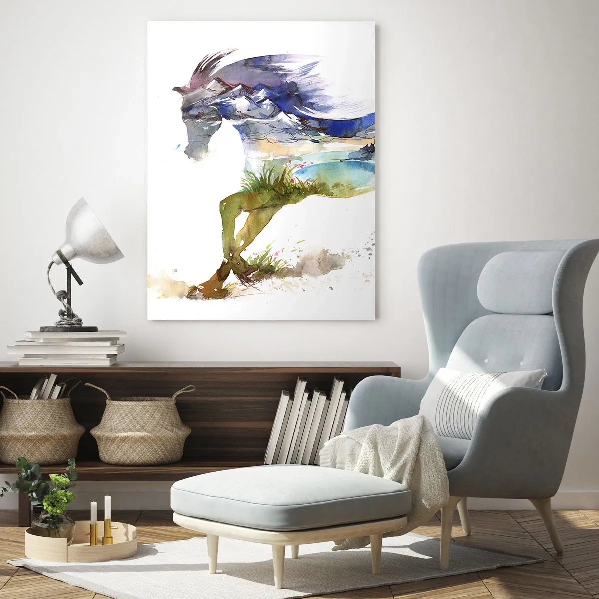 Glasbild - Bild auf glas - Aquarell eines Pferdes mit einer Berglandschaft in der Silhouette - 70x100cm - Von der Wiese direkt in den Himmel - Moderne Wanddekoration für Wohnzimmer und Schlafzimmer ARTTOR