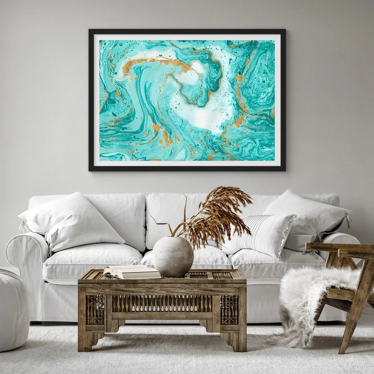 Poster in einem schwarzem Rahmen - Türkisfarbener Marmor mit goldenen Akzenten in einer abstrakten Komposition - 100x70cm - Unter der großen Welle der Edo-Ära - Moderne Wanddekoration für Wohnzimmer und Schlafzimmer ARTTOR