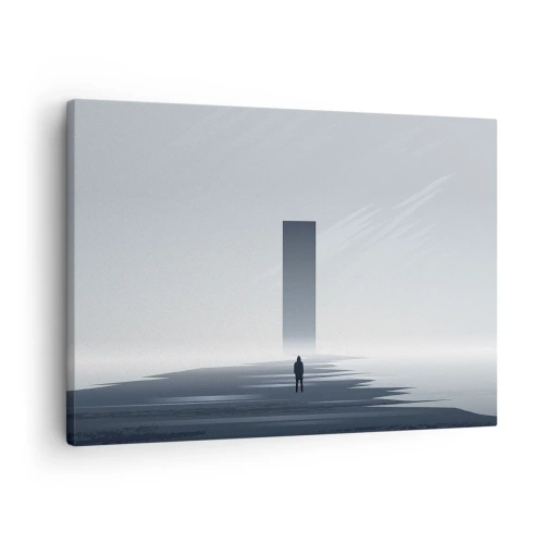 Bild auf Leinwand - Leinwandbild - Eine minimalistische Landschaft mit einer Silhouette neben einem rechteckigen Monolithen - 70x50cm - Chance oder Bedrohung? - Moderne Wanddekoration für Wohnzimmer und Schlafzimmer ARTTOR