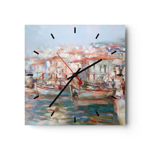 Wanduhr - Glasuhr - Hafenimpression mit Booten und Gebäuden - 30x30cm - Pastell-Sommerferien - Moderne Wanddekoration für Wohnzimmer und Schlafzimmer ARTTOR