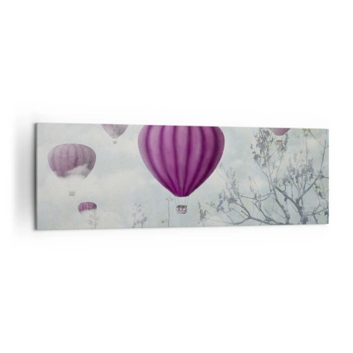 Bild auf Leinwand - Leinwandbild - Lila Ballons schweben über den Bäumen in den Wolken - 160x50cm - Wie Schiffe am Himmel - Moderne Wanddekoration für Wohnzimmer und Schlafzimmer ARTTOR