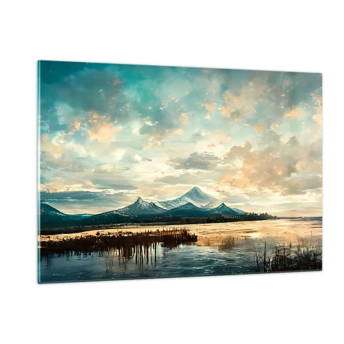 Glasbild - Bild auf glas - Winterlandschaft mit Bergen und einem zugefrorenen See - 120x80cm - Unter dem Schutz des Himmels - Moderne Wanddekoration für Wohnzimmer und Schlafzimmer ARTTOR