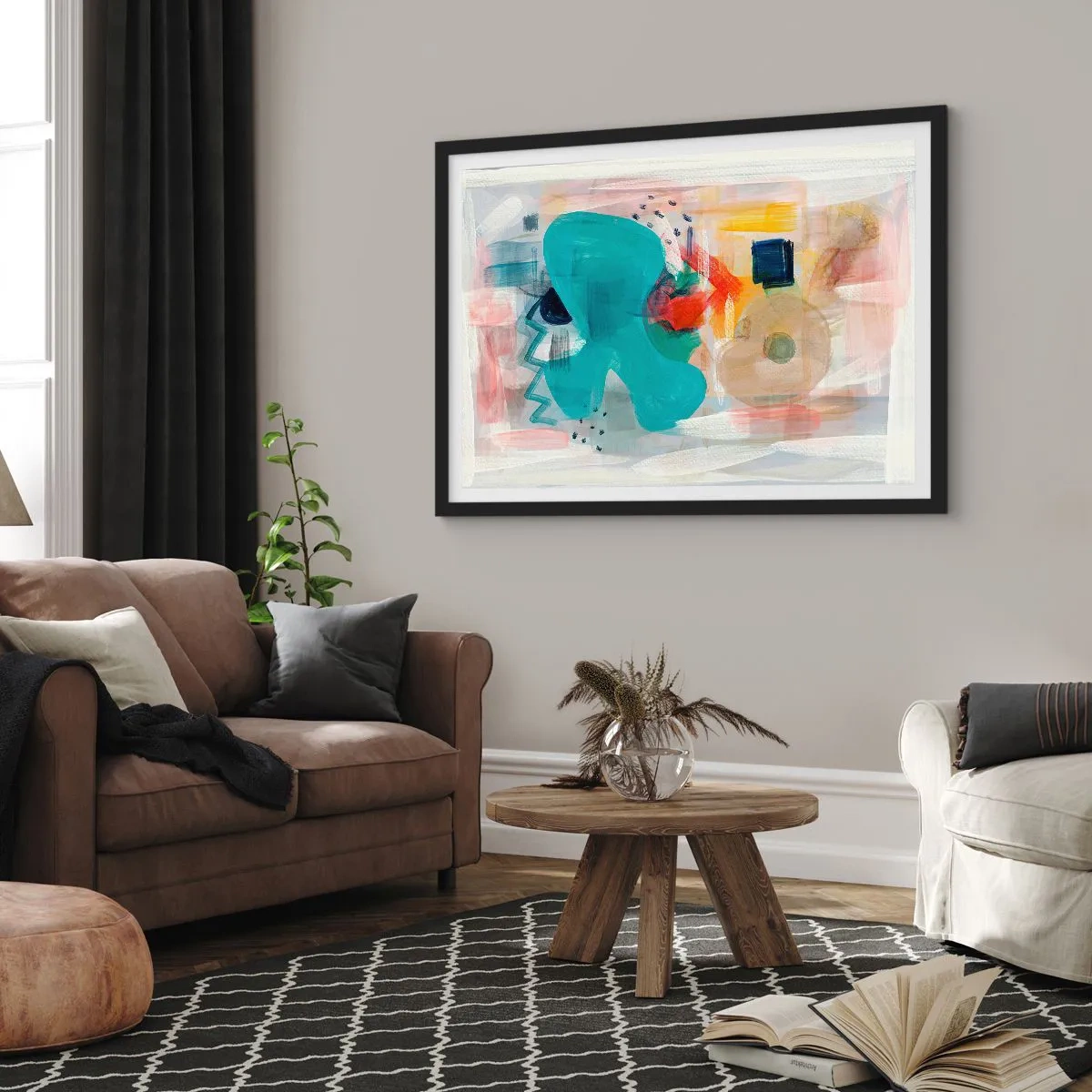 Poster in einem schwarzem Rahmen - Abstrakte Formen und Farben schaffen eine dynamische Komposition - 70x50cm - Buntes Spiel - Moderne Wanddekoration für Wohnzimmer und Schlafzimmer ARTTOR