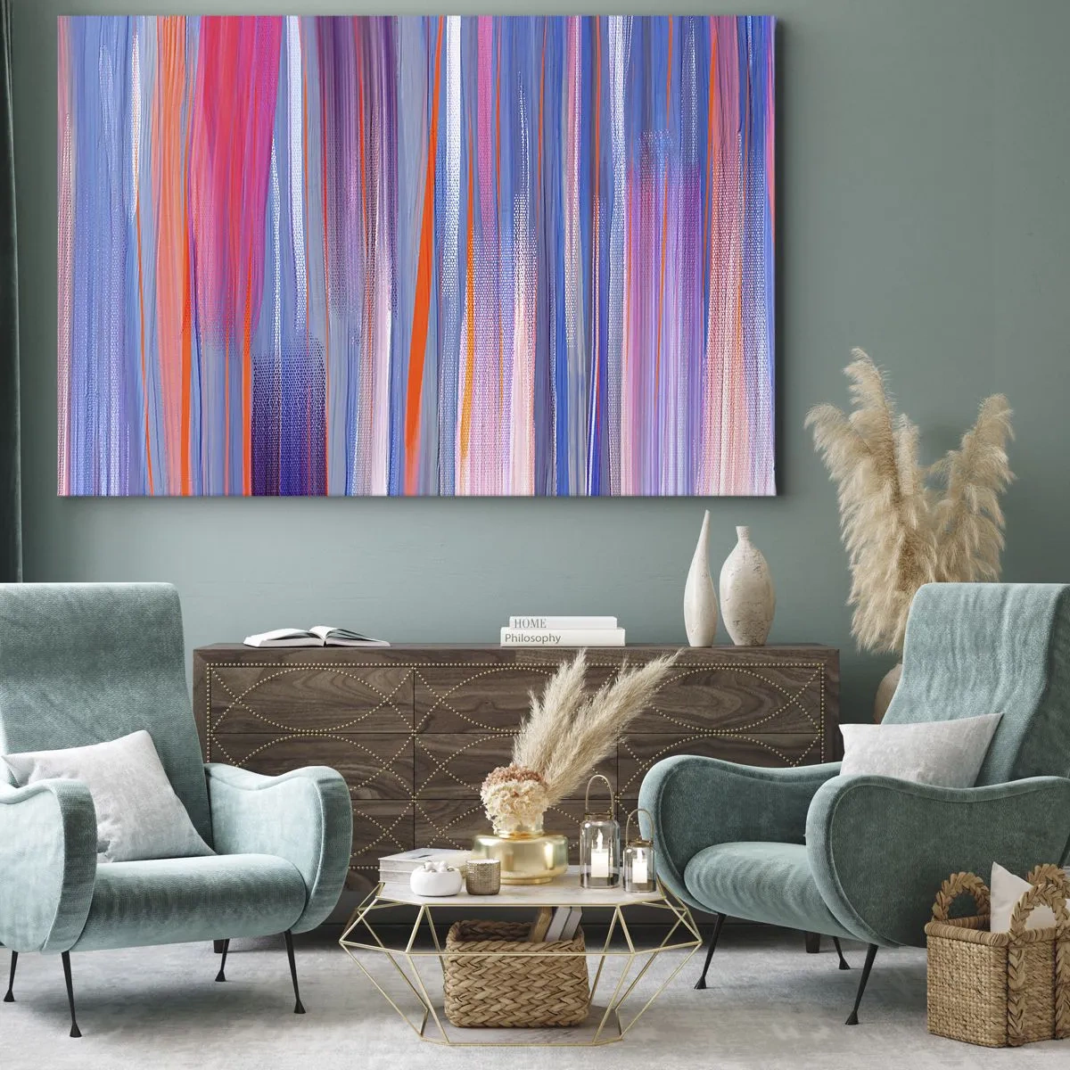 Bild auf Leinwand - Leinwandbild - Abstrakte vertikale Linien in Blau- und Rosatönen - 70x50cm - Aufstieg zum Regenbogen - Moderne Wanddekoration für Wohnzimmer und Schlafzimmer ARTTOR
