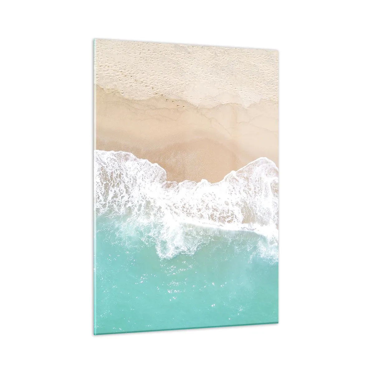 Glasbild - Bild auf glas - Luftaufnahme des Strandes mit türkisfarbenem Wasser und weißen Wellen - 50x70cm - Eine streichelnde Berührung - Moderne Wanddekoration für Wohnzimmer und Schlafzimmer ARTTOR