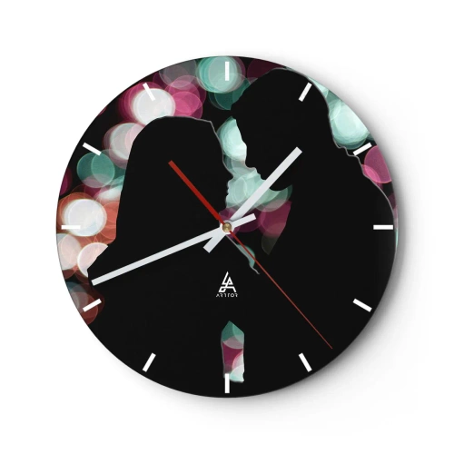 Wanduhr - Glasuhr - Silhouetten eines Paares vor dem Hintergrund bunter Bokeh-Lichter - 30x30cm - Jawohl! - Moderne Wanddekoration für Wohnzimmer, Küche und Schlafzimmer ARTTOR
