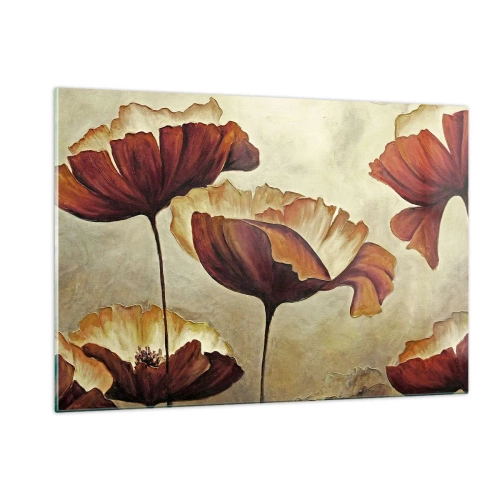 Glasbild - Bild auf glas - Mohnblumen in Rot- und Goldtönen auf hellem Hintergrund - 120x80cm - Weideland - Moderne Wanddekoration für Wohnzimmer und Schlafzimmer ARTTOR