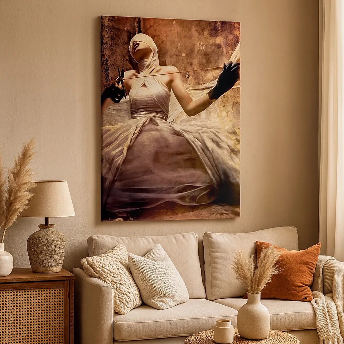Bild auf Leinwand - Leinwandbild - Eine Frau in einem Kleid mit bedecktem Gesicht und einer Schere in den Händen - 50x70cm - Göttin des Schicksals - Moderne Wanddekoration für Wohnzimmer und Schlafzimmer ARTTOR