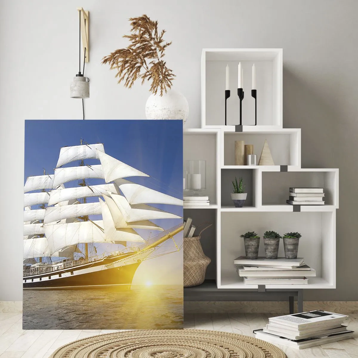 Glasbild - Bild auf glas - Ein von den Sonnenstrahlen beleuchtetes Segelschiff auf offener See - 50x70cm - Ihre Zeit wird nie vergehen - Moderne Wanddekoration für Wohnzimmer und Schlafzimmer ARTTOR