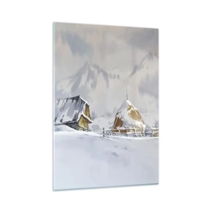 Glasbild - Bild auf glas - Winterlandschaft mit Hütte und Heuhaufen in den Bergen - 50x70cm - In einem verschneiten Talkessel - Moderne Wanddekoration für Wohnzimmer und Schlafzimmer ARTTOR