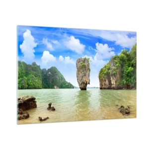 Glasbild - Bild auf glas - Ein Felsen im Wasser, umgeben von tropischen Inseln - 100x70cm - Felsige Wunder der Natur - Moderne Wanddekoration für Wohnzimmer und Schlafzimmer ARTTOR