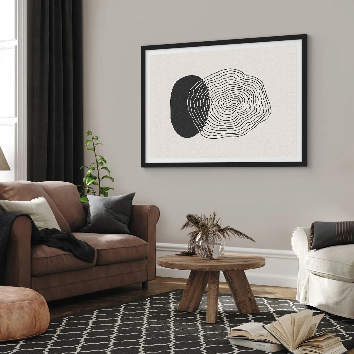 Poster in einem schwarzem Rahmen - Abstraktes Muster mit Linien und Formen in Schwarz und Weiß - 100x70cm - Dauer und Schwingung - Moderne Wanddekoration für Wohnzimmer und Schlafzimmer ARTTOR
