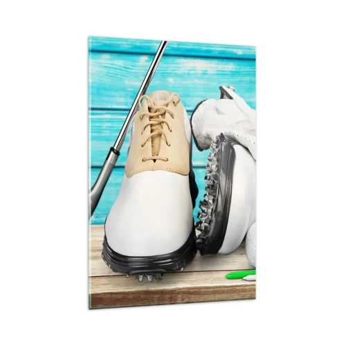 Glasbild - Bild auf glas - Ein Set Golfzubehör auf einem hölzernen Hintergrund - 80x120cm - Alles ist bereit - Moderne Wanddekoration für Wohnzimmer und Schlafzimmer ARTTOR