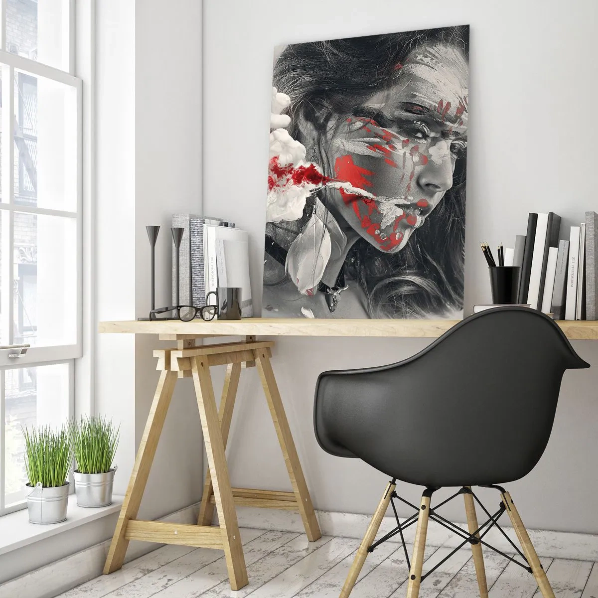 Glasbild - Bild auf glas - Porträt einer Frau mit abstrakten rot-weißen Mustern - 50x70cm - Im Dunst der Absurdität - Moderne Wanddekoration für Wohnzimmer und Schlafzimmer ARTTOR