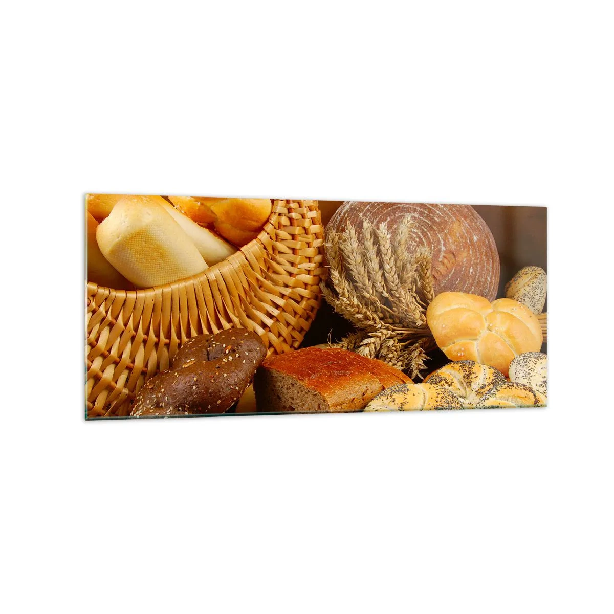 Glasbild - Bild auf glas - Verschiedene Brotsorten in einem Weidenkorb auf goldenem Hintergrund - 120x50cm - Wir sind wieder davongekommen - Moderne Wanddekoration für Wohnzimmer und Schlafzimmer ARTTOR