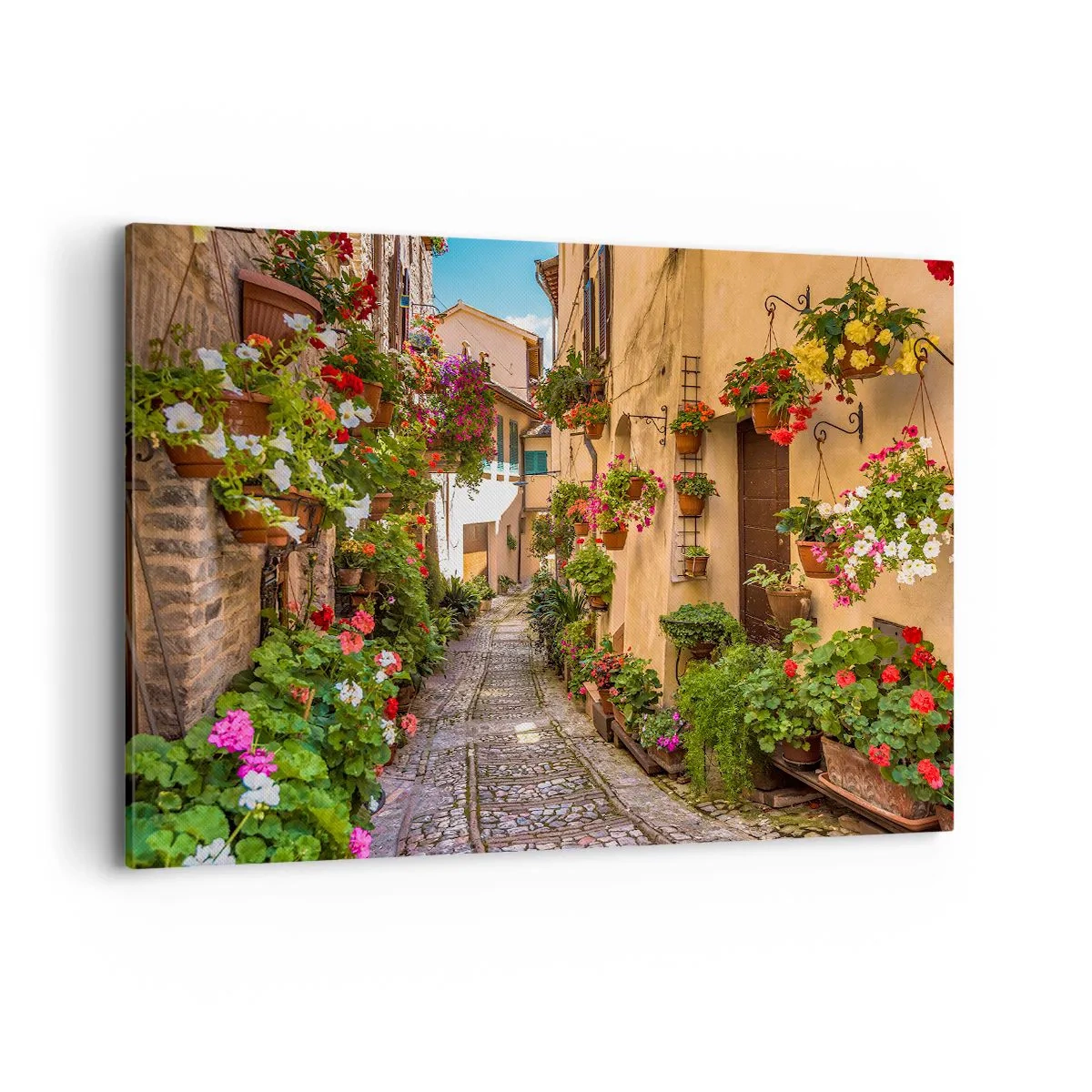 Bild auf Leinwand - Leinwandbild - Eine bezaubernde Straße voller Blumen und Blumentöpfe - 120x80cm - Italienische Gasse - Moderne Wanddekoration für Wohnzimmer und Schlafzimmer ARTTOR