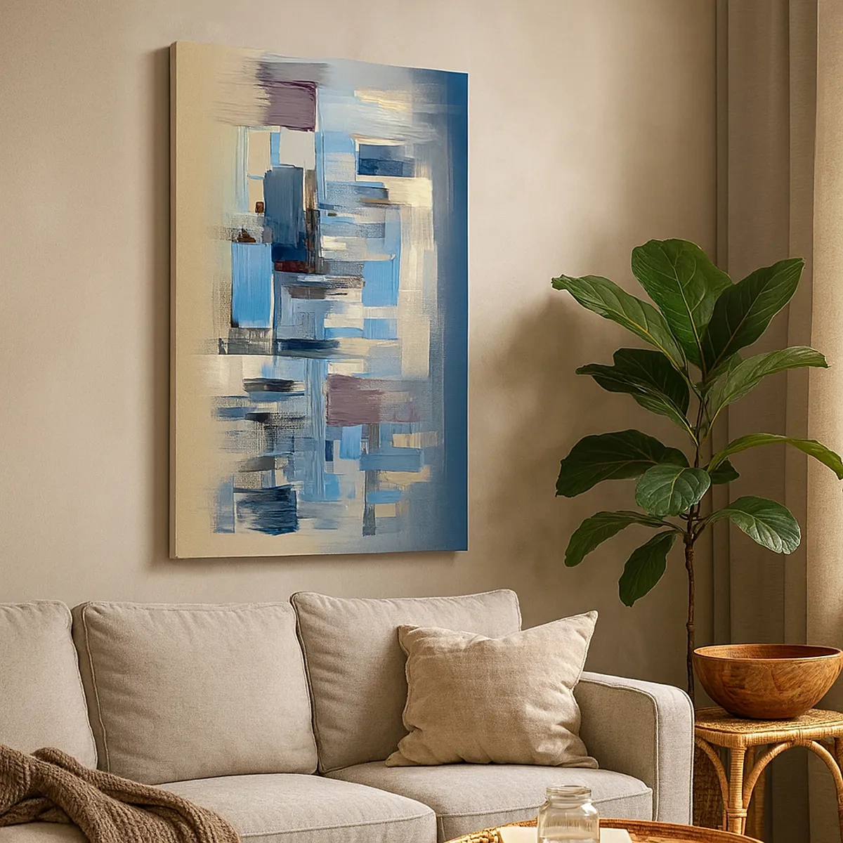 Bild auf Leinwand - Leinwandbild - Geometrische Formen in Blau- und Beigetönen - 50x70cm - Blaue Konstruktion - Moderne Wanddekoration für Wohnzimmer und Schlafzimmer ARTTOR